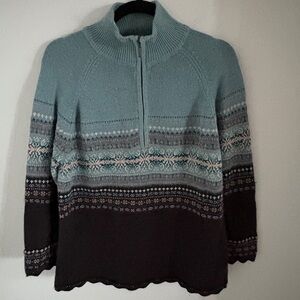 Eddie Bauer Teal and Brown Patterned Turtleneck Sweater with Rhinestones Size L